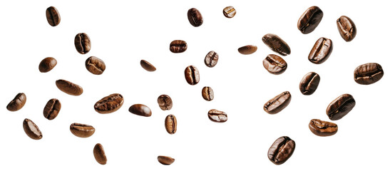 Obraz premium PNG Floating aromatic coffee beans, element set on transparent background