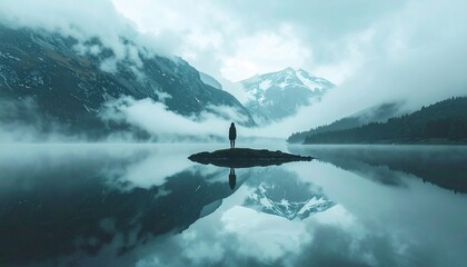 Misty mountain lake scene with solitary figure