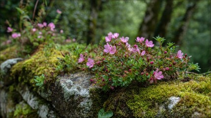 Naklejka premium A wall covered in moss and flowers. The flowers are pink and the moss is green. The image has a peaceful and calming mood