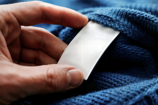 woman holding clothing label concept different languages blue garment closeup mujer sosteniendo una etiqueta de ropa concepto de diferentes idiomas primer plano de una prenda azul concept d'&eacute;tiquette