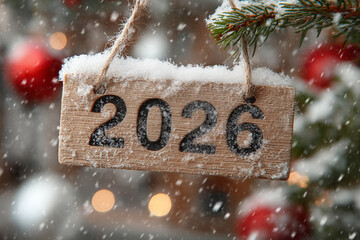 A wooden sign displaying the year 2026 hangs from a snowy branch, surrounded by holiday decorations. Red ornaments and soft snowfall create a warm holiday spirit