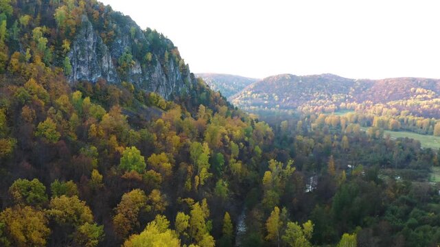 aerial perspective showcases the vibrant golden hues of autumn foliage blanketing the South Ural Mountains in the Republic of Bashkortostan, Russia. This footage captures the serene and expansive natu