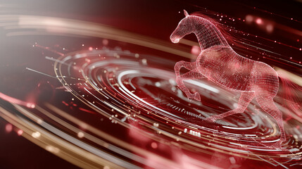 Welcoming 2026, a red horse dances in a dynamic digital space, blending tradition and technology for a modern New Year's celebration filled with optimism