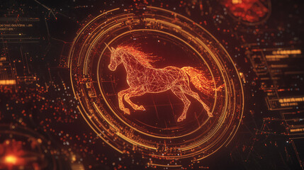 This creative concept showcases a red fire horse symbolizing the New Year of 2026, blending traditions with AI technology to send modern greetings