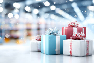 In a busy warehouse, vibrant gift boxes are stacked and prepared for Christmas. The atmosphere is festive as workers organize the items for holiday delivery