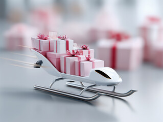 Gift boxes wrapped in colorful paper are neatly arranged in a bustling warehouse, ready for delivery and distribution during the festive Christmas season