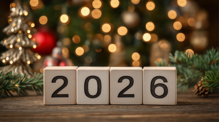 Festive Decor Showcasing the Year 2026 With Christmas Tree and Warm Lights in a Cozy Holiday Setting