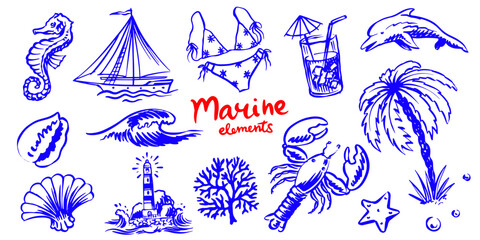 Nautical marine elements with wave, dolphin sea creatures, palm, lighthouse.Coral, seashell, lobster. Hand drawn elements for summer vacation.