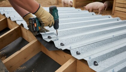 Closeup of a worker securing metal roofing panels on a pig sty highlighting durable materials and precise installation techniques for longlasting shelter.