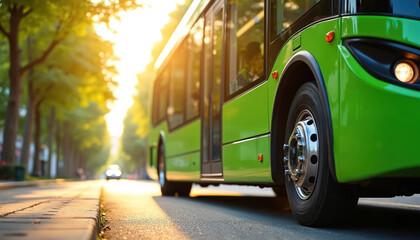 Green city bus drives on urban street. Modern public transport vehicle moves along tree lined road with green trees. Sunny summer day light shines on sustainable eco friendly travel. Urban journey,