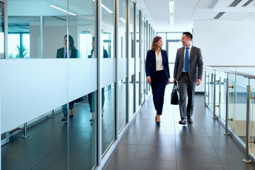 Caucasian young adult woman and Asian young adult man walking together in modern office hallway, both dressed in business attire, carrying briefcases, engaged in conversation