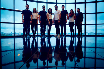 Group of diverse young adults and one middle aged man standing in modern building with large windows, facing camera, reflections visible on shiny floor, cityscape in background