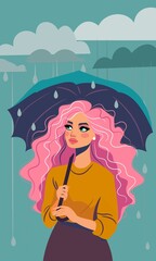 Rainy Day Reflection: Woman with Umbrella Illustration
