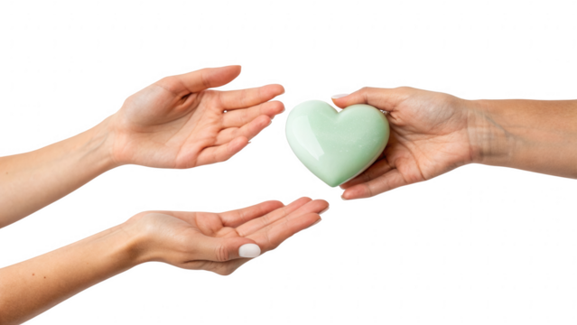 Hands exchanging a light green heart shaped object isolated on transparent background