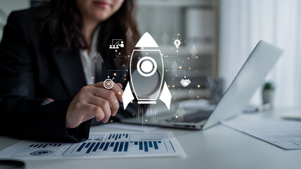 Startup launch and business growth concept, rocket symbolism, entrepreneurship, startup innovation,...
