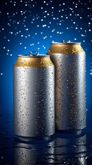 Two Aluminum Cans with Water Droplets on a Blue Background