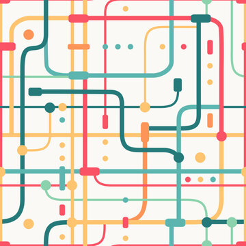 Seamless metro map pattern with colorful intersecting lines and circles, abstract network background