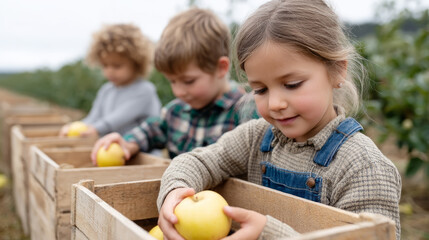 Fototapeta premium Children enjoying autumn harvest, picking apples into wooden crates