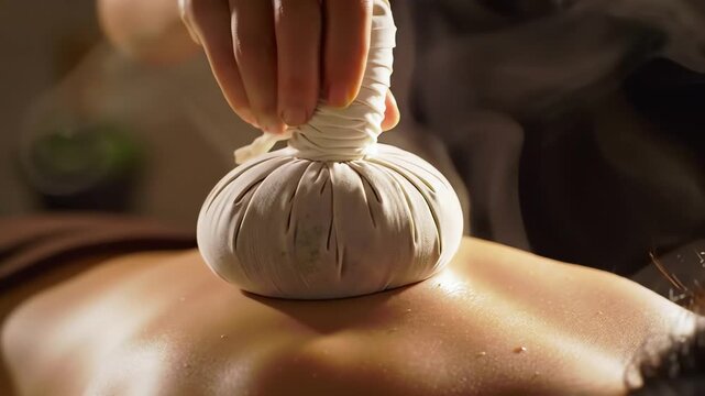 Aromatic steam rises from a hot herbal compress during a therapeutic back massage at a wellness center