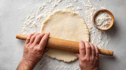 Dough preparation on floured surface with rolling pin for baking and cooking projects