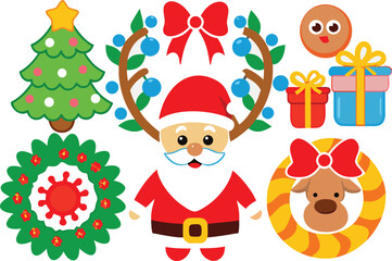 Fototapeta premium Festive christmas vector illustrations santa reindeer tree wreaths gifts icons pack eps isolated on transparent background