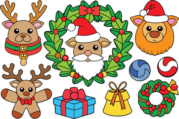 Naklejka premium Festive vector christmas collection santa reindeer gifts wreaths candy ornaments eps isolated on transparent background