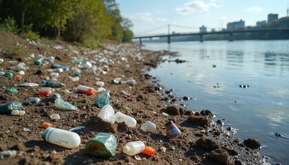 River bank dirtied with plastic bottles, trash, and debris. Water pollution affects nature and landscape near city skyline with bridge. Environmental hazard is visible.