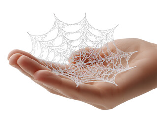 Hand holding delicate artificial spider web