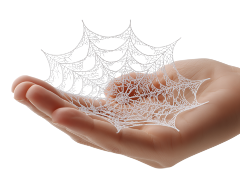 Hand holding delicate artificial spider web