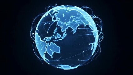 Futuristic rotating digital Earth globe with glowing network lines and connections on a black background - Powered by Adobe