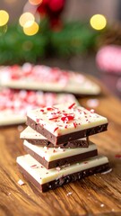 Stacked chocolate bark, layered with white and dark chocolate, and topped with candy cane sprinkles, sits on a wooden board. Festive Christmas background