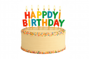 Birthday cake with happy birthday candles, vibrant sprinkles, celebrating special moments and good wishes