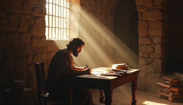 Bearded man writes significant message in ancient stone prison cell. Bright sunlight streams through barred window, illuminating work table holding scrolls, papers. Pens sacred scripture with deep