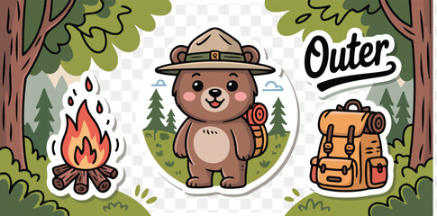 Kawaii bear ranger camping sticker set