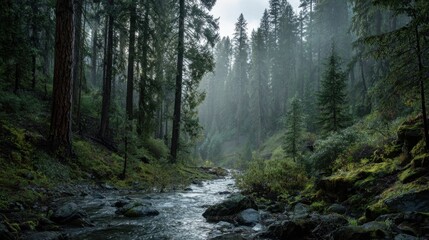 A forest with a stream running through it. The water is clear and the trees are tall