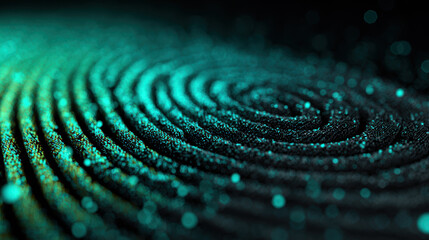 Glowing green fingerprint on black background, close-up. Virtual identity concept