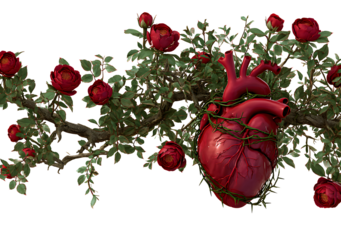 Human heart in wild rose bushes on transparent background for designers, marketers and IT. Popular abstraction, background, illustration, object, symbol, texture. Flowers, natural space for text.