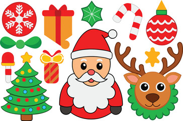 Festive christmas vector collection santa reindeer tree ornaments gifts icons isolated on transparent background