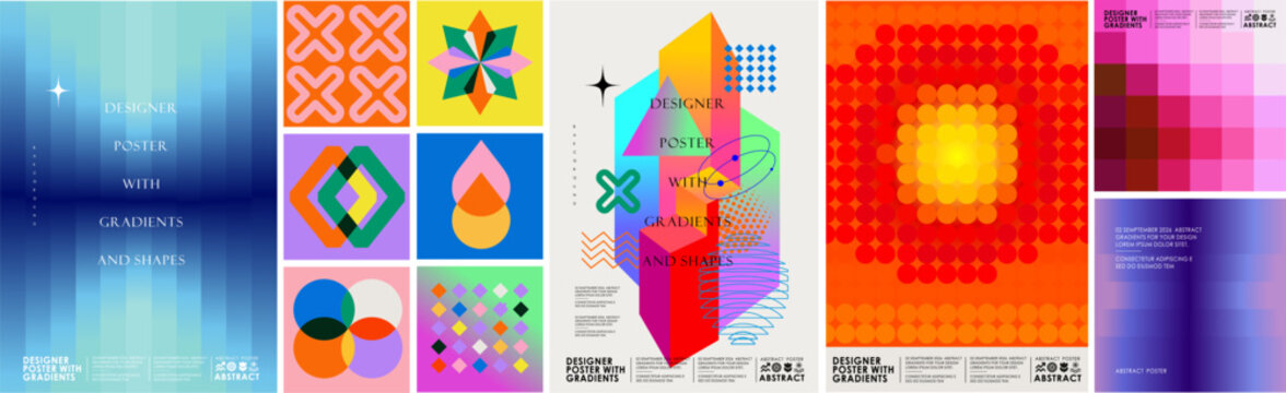 Modern abstract gradient art poster with geometric shapes, collage, colorful pattern, and vibrant compositions for graphic futuristic design, branding, web background and creative cover
