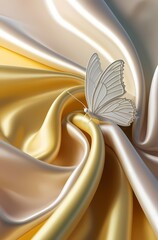 Elegant white butterfly resting on shimmering golden silk fabric in soft light and luxury design
