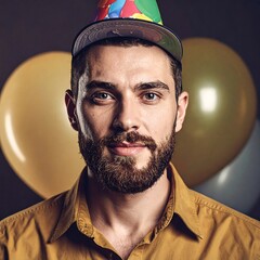 Man in party hat and shirt, with balloons