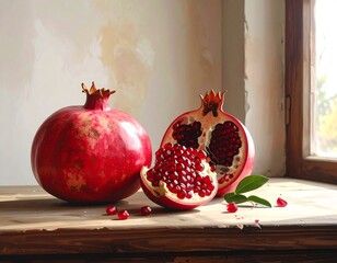 Pomegranate halves on a wooden table