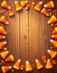 Candy corn border on wooden background