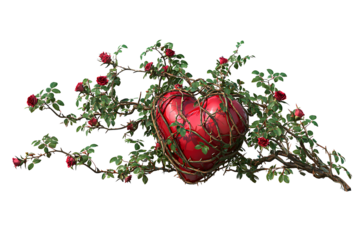 Human heart in wild rose bushes on transparent background for designers, marketers and IT. Popular abstraction, background, illustration, object, symbol, texture. Flowers, natural space for text.