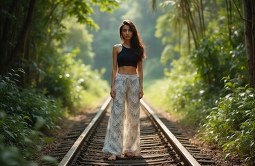 Young woman stands on railway track in dense jungle. Wears black top, white pants with floral pattern. Green trees surround. Railway goes into distance. Woman barefoot, looks directly at camera.