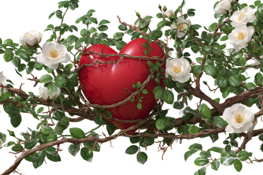 Human heart in wild rose bushes on transparent background for designers, marketers and IT. Popular abstraction, background, illustration, object, symbol, texture. Flowers, natural space for text.