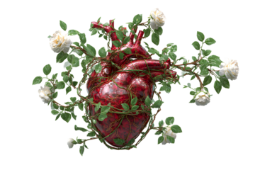 Human heart in wild rose bushes on transparent background for designers, marketers and IT. Popular abstraction, background, illustration, object, symbol, texture. Flowers, natural space for text.