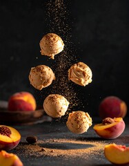 Peach ice cream scoops in mid-air, cinnamon sprinkles