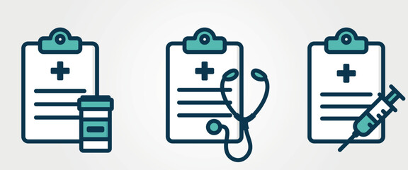 Patient report card icons. Clipboard and medical history symbols. Isolated vector color images