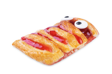 Puffed cakes with raspberry jam in the form of mummy for Halloween holidays on a white isolated background